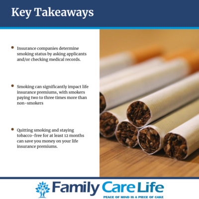 infographic with main 3 points of the article and a photo of cigarettes and the family care life logo.